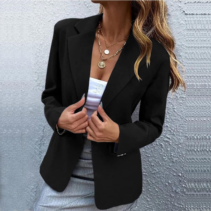 

Women 2023 Elegant Slim Notched Women Jackets Button Long Sleeve Solid Work Female Black Suit Coat