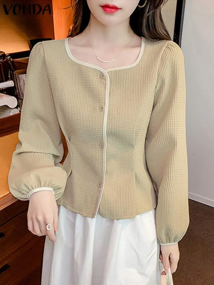 

Fashion Autumn Shirts VONDA Women Square Neck Long Puff Sleeve Blouses 2023 Casual Button Down Party Tops Solid Elegant Tunic