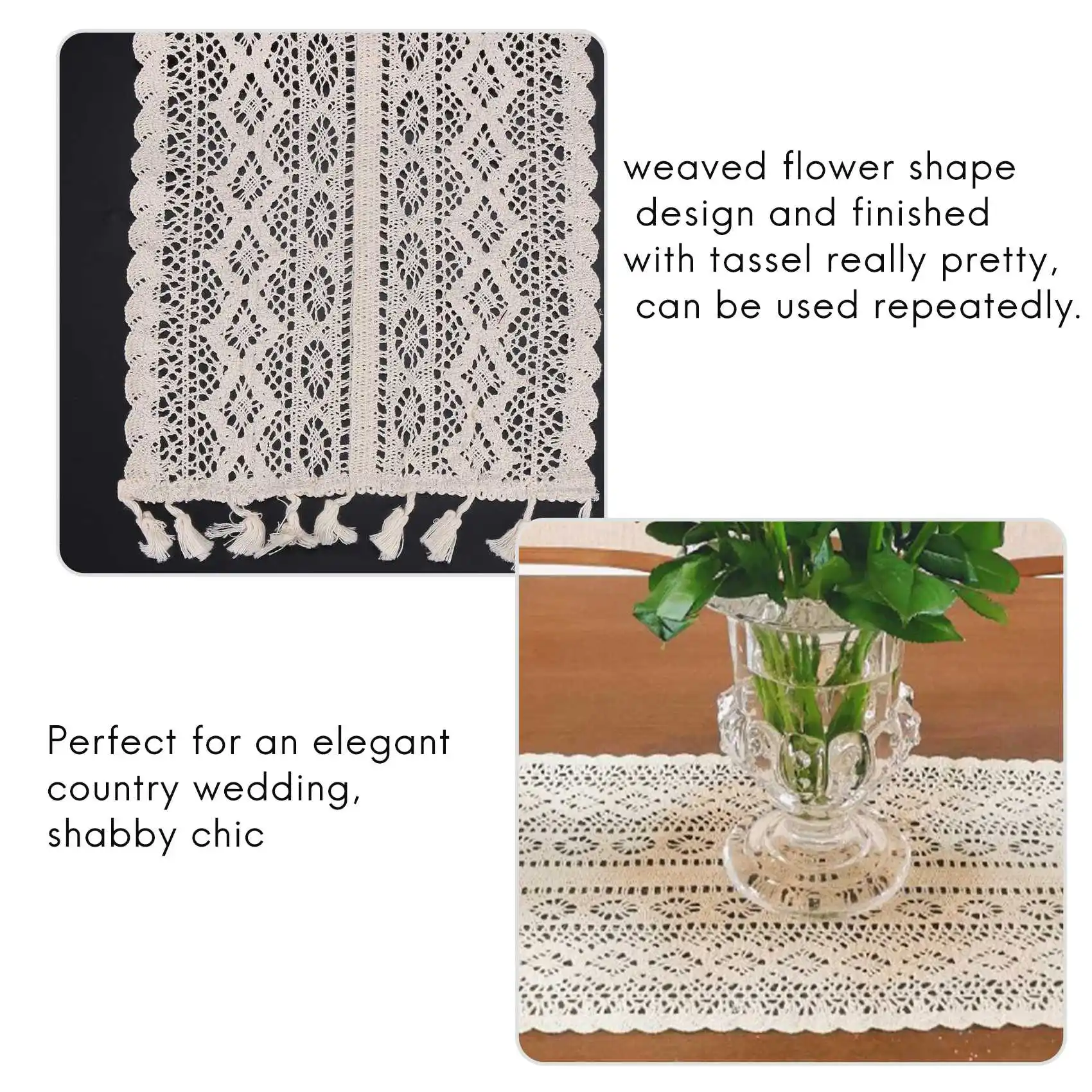 Элегантная кремовая вязаная кружевная скатерть макраме с кисточками для