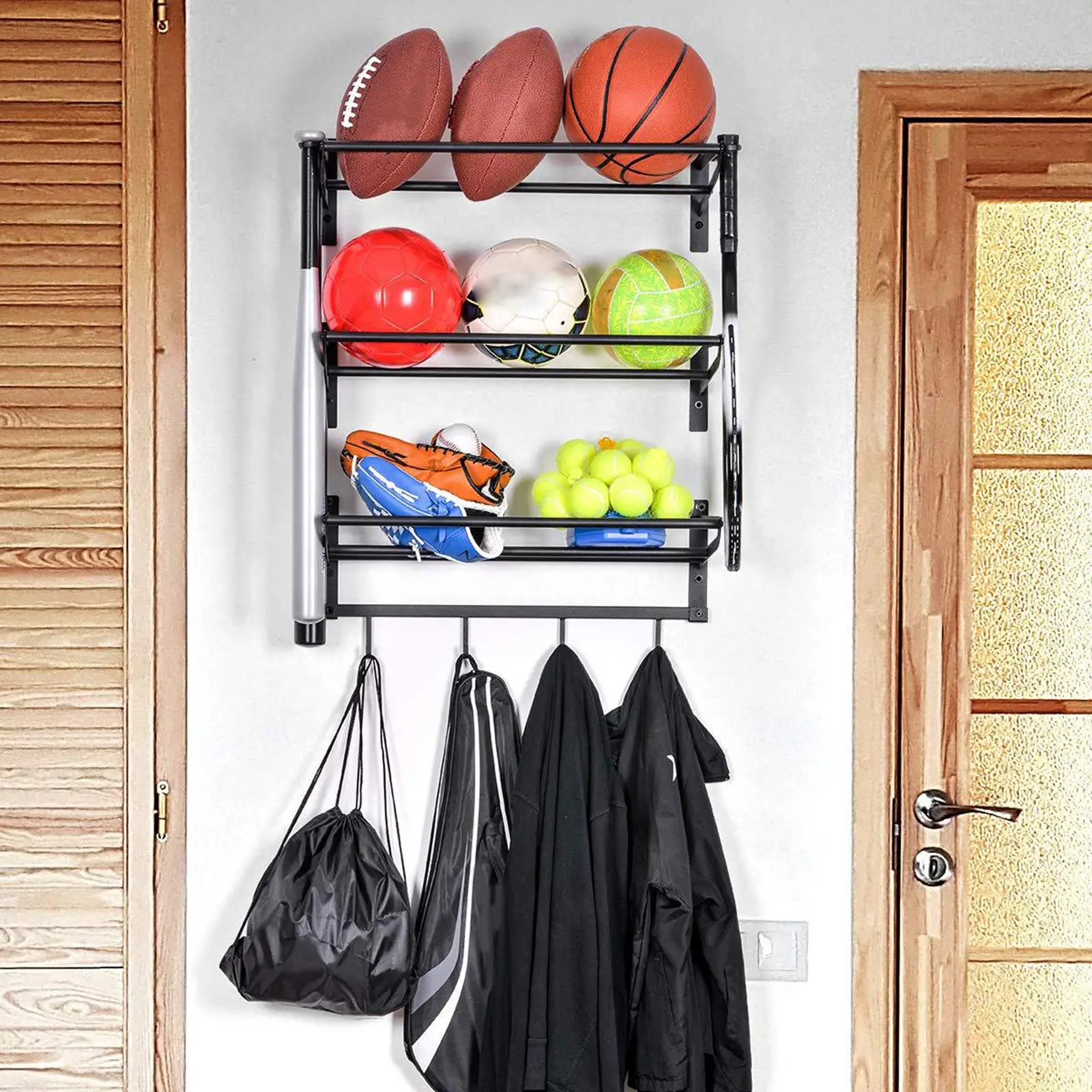 

Sports Rack Organizer Wall Mount with 3 Shelves Hanger for Holding Footballs Garage House