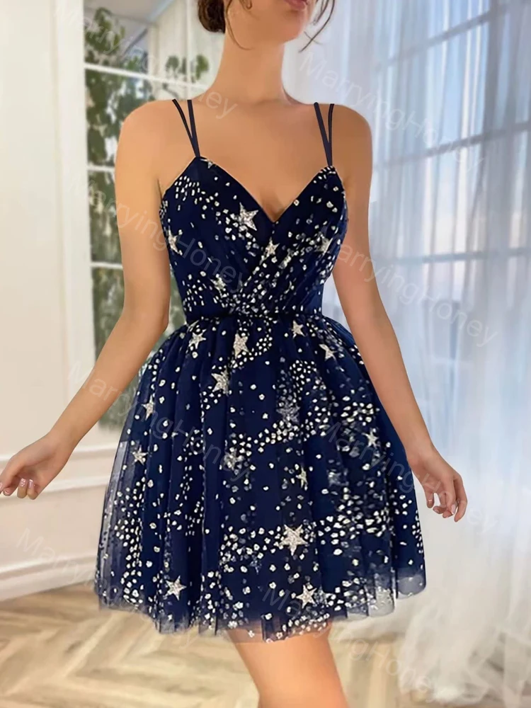 

Sparkly Starry Tulle Spaghetti Straps Homecoming Dress for Teens Short A Line Ruched Prom Dress Backless Formal Party Gowns