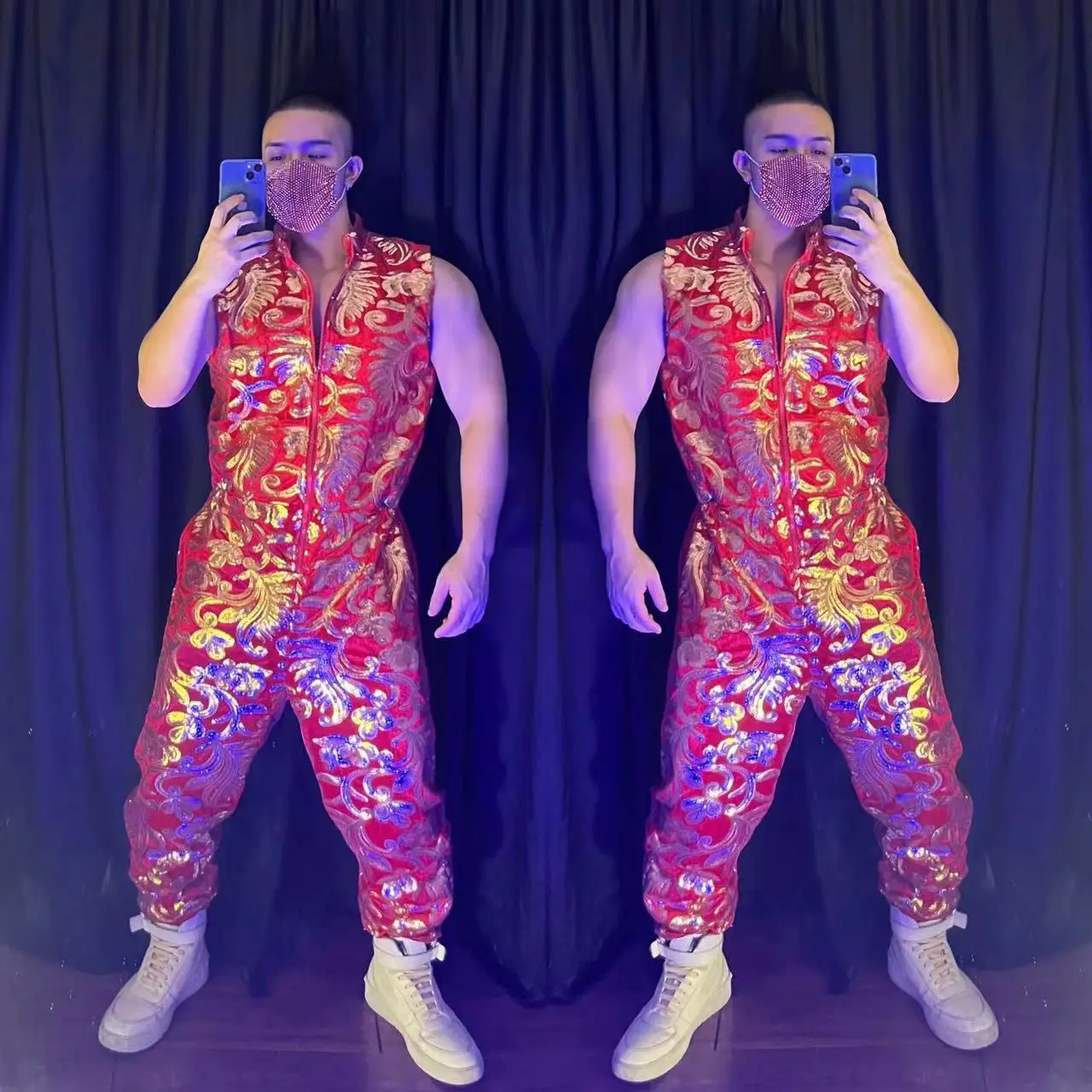 Новинка мужской комбинезон без рукавов с золотой вышивкой и блестками Женская