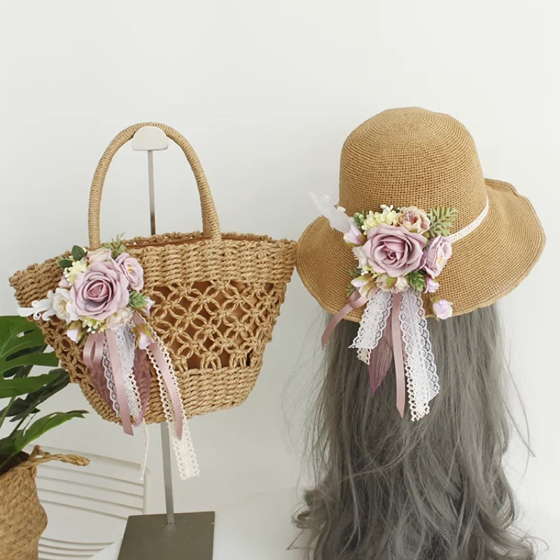 

Women's Beach Holiday Beach Bag Handmade Feather Lace Hat Whith Straw Bag Ladies Hollowed Totes Summer Small Weave Handbag