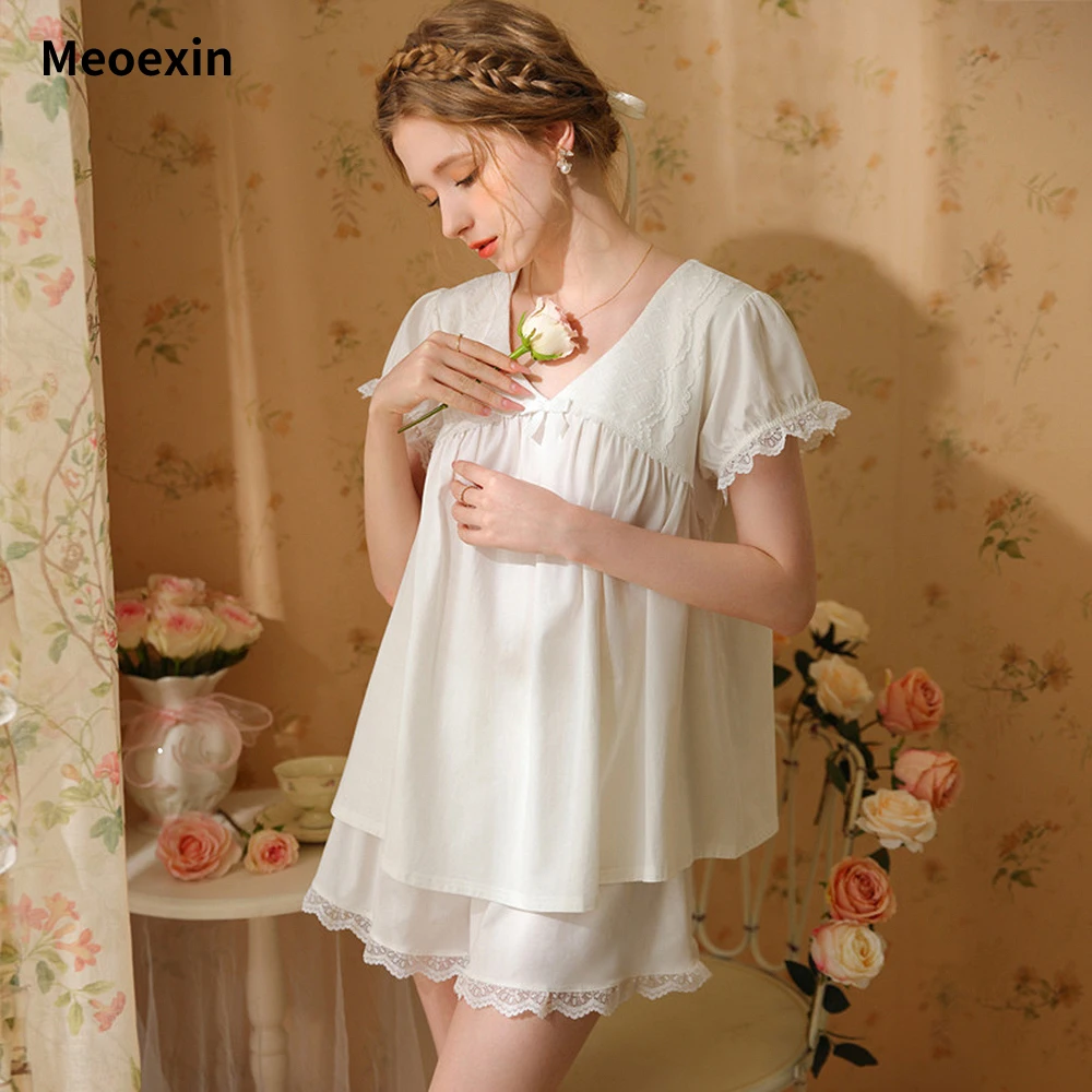 

Хлопковая пижама Meoexin, женские тонкие шорты с коротким рукавом, милая и милая домашняя одежда для девочек, костюм из двух предметов, популярная кружевная Пижама
