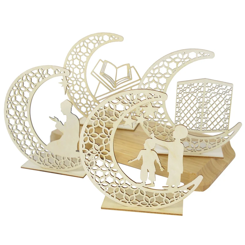 

1pcs Eid Mubarak Wooden Hollow Moon Table Top Ornament Islamic Ramadan Gifts Muslim Holiday Party DIY Home Decoration Supplies