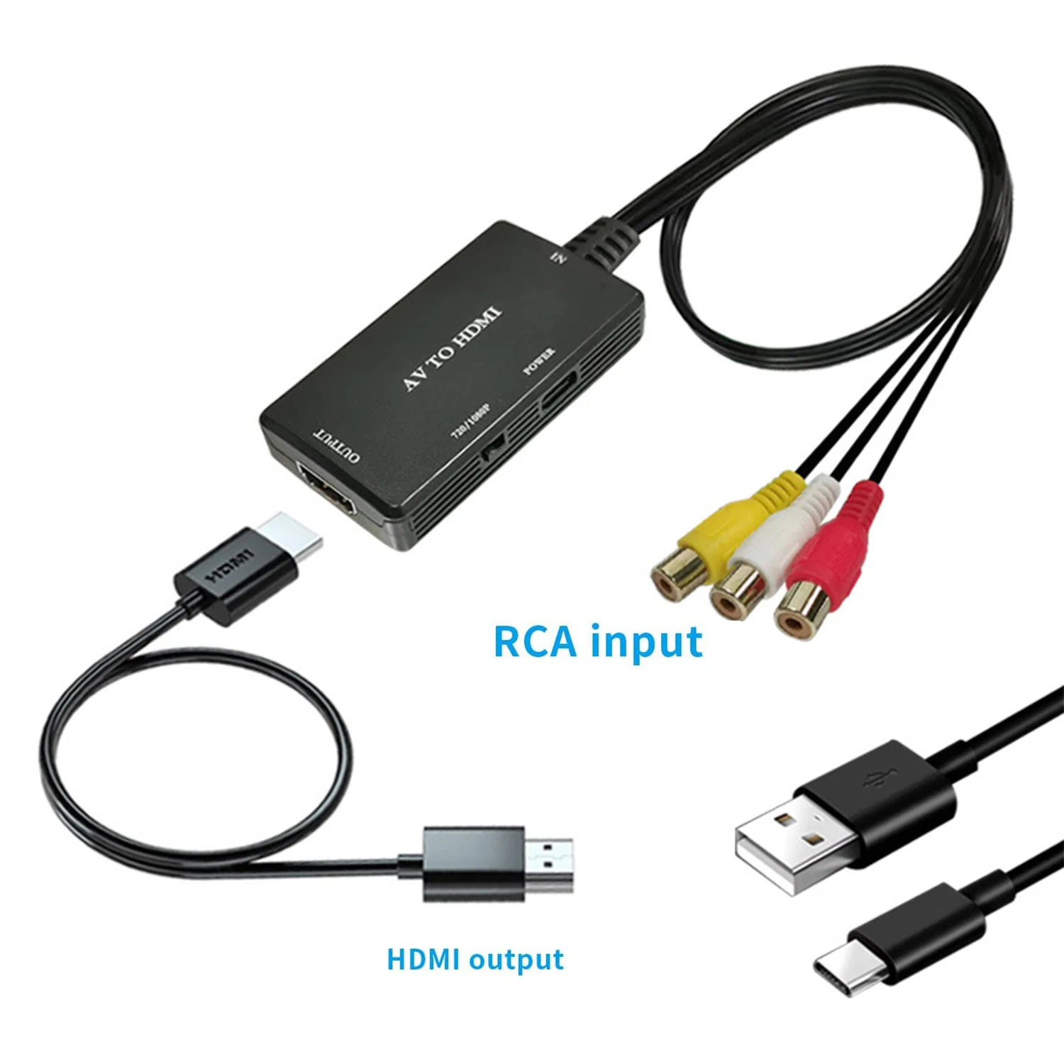 Фото Конвертер RCA в HDMI, адаптер композитного видео в HDMI, поддержка 1080P PAL/NTSC, совместим с PS one, Xbox, VHS, VCR, проигрывателями Blu-Ray DVD №1