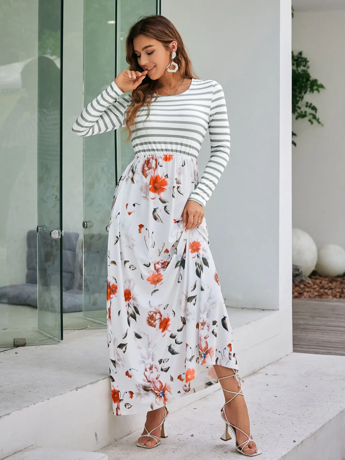 

Simplee Floral print stripe summer dress women Bohemian elegant long sleeve maxi dresses Casual spring stitching pocket vestido