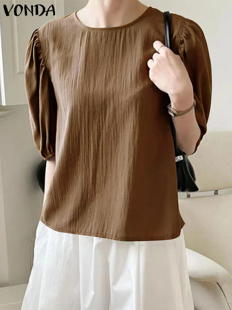 

Летние топы, футболки, женские блузки 2023 VONDA, однотонные рубашки с коротким рукавом, блузы большого размера с пышными рукавами, Повседневная Женская туника, уличная одежда