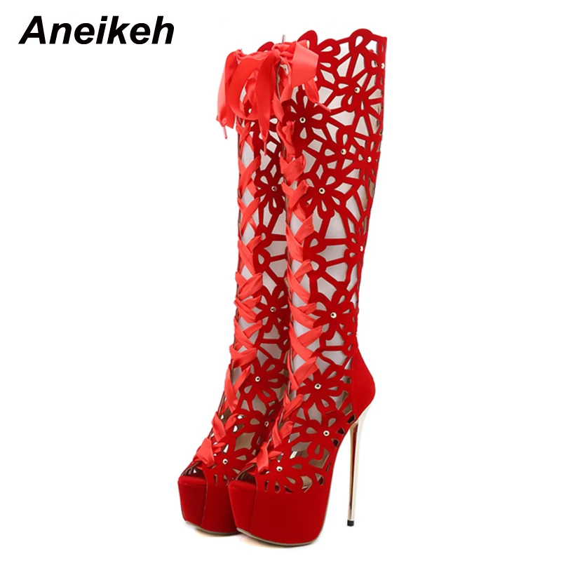 

Aneikeh 2024 модные сексуальные открытые туфли с открытым носком на очень высоком каблуке длинные сапоги до колена женские с перекрестной шнуровкой Женская Свадебная обувь