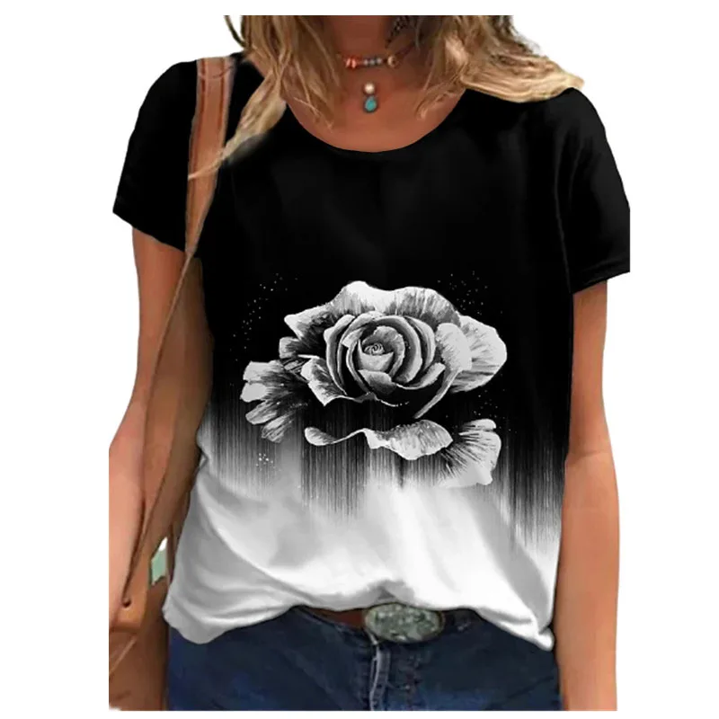 

Футболка женская оверсайз с цветочным 3D принтом, винтажный топ с коротким рукавом, одежда на лето