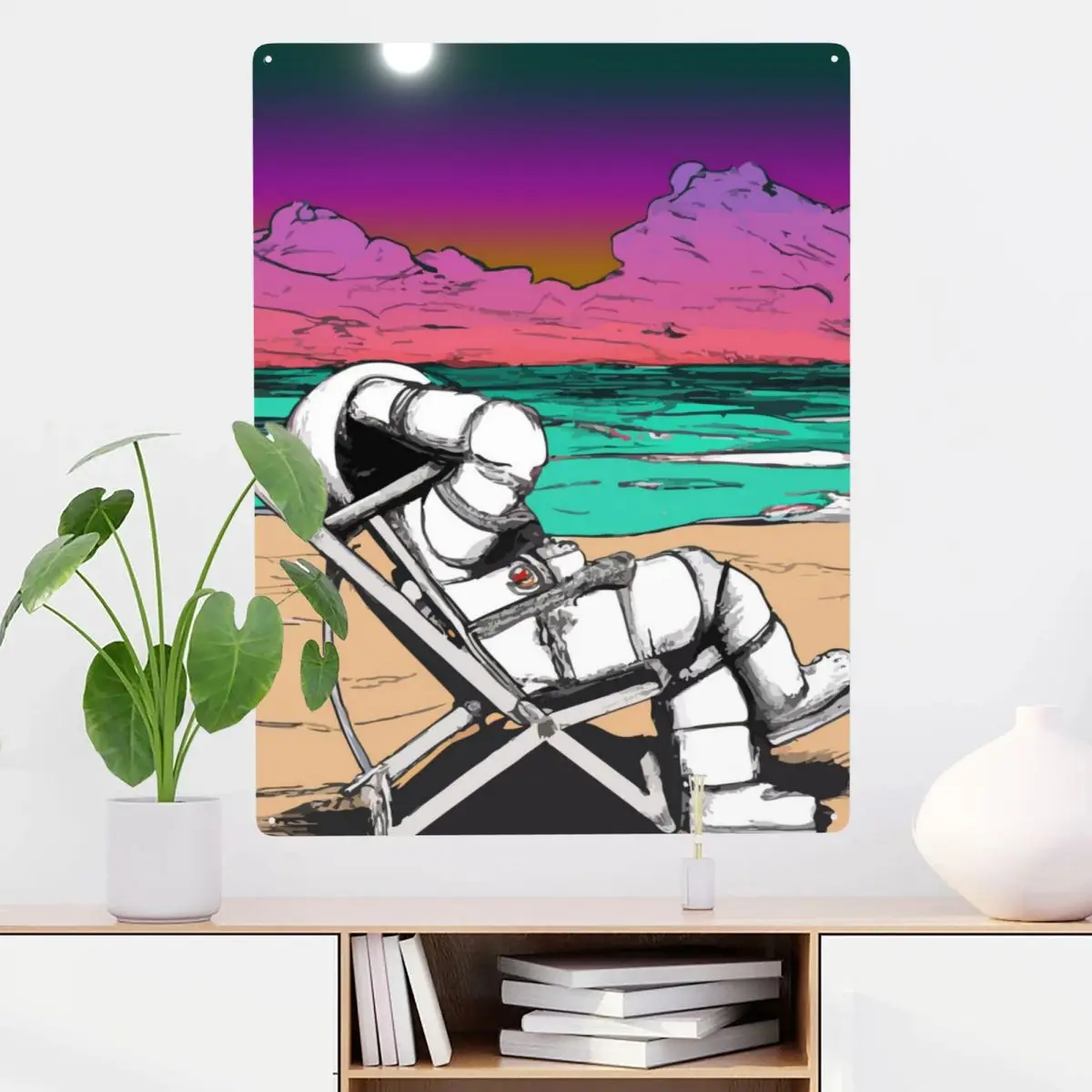 

Astronaut In Beach Metal Tin Sign Decor Tinplate Pre-drilled Holes Add Atmosphere Birthdays Gift