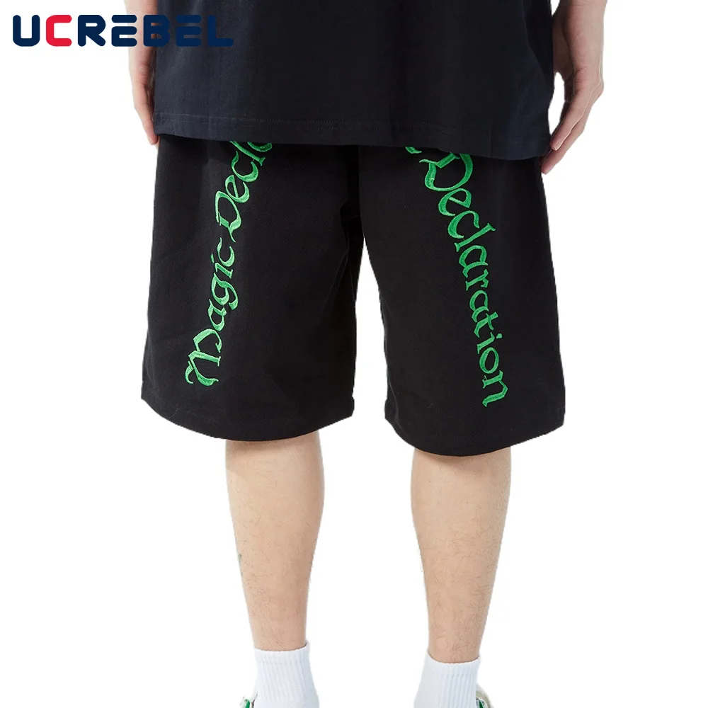 

Letter Embroidery Sweatshorts Summer Mens Loose Shorts Streetwear Drawstring Elastic Waist Casual Shorts Knee-length Shorts Men