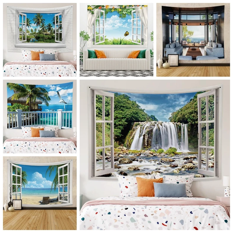 

Window Forest Nature Landscape Tapestry Mountain Water Beach Scenes Wall Hanging Blanket Mandala Bohemian Home Decor Tapestries