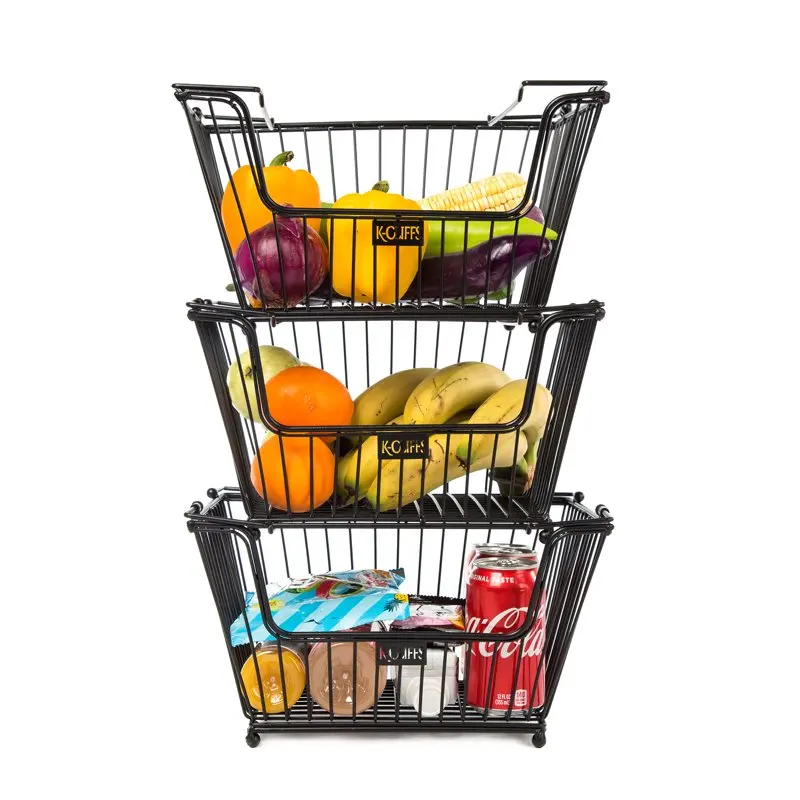 

3pcs High Quality Black Metal Wire Baskets, Stackable Duty Bread Storage Bins for Grocery Store, Market, Office Kitchen Pantry,