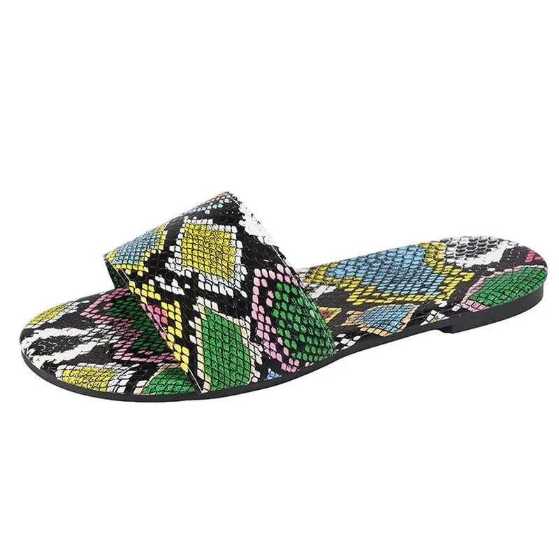 

2022 spring/summer new snake grain graffiti flat-bottomed women fashion outer wear large size sandals outdoor beach slippers