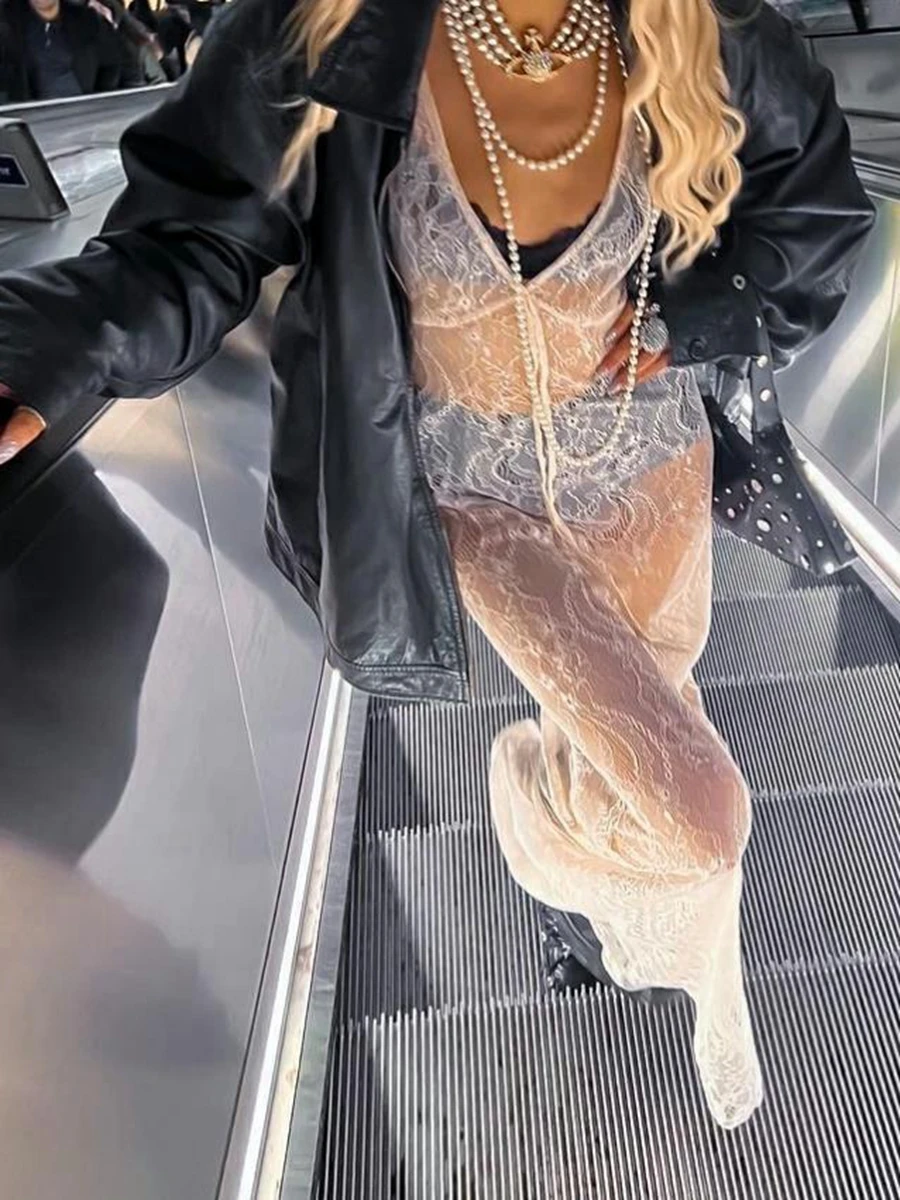 Женское кружевное Прозрачное платье макси винтажное облегающее без рукавов с