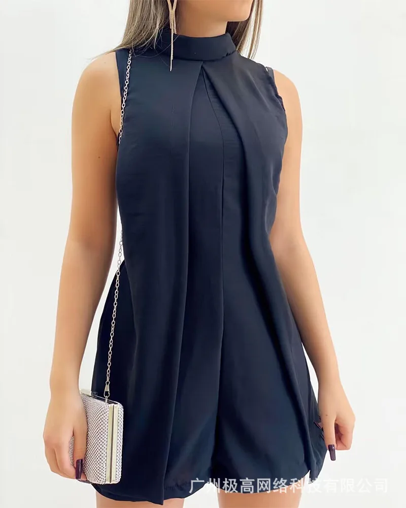 2023 Women's Spring and Summer New Jumpsuit Shorts Green Sleeveless Front Mid-slit Jumpsuit Shorts