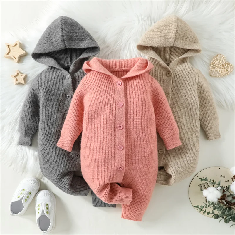 

Autumn Winter Warm Knitted Romper Newborn Baby Solid Color Single Breasted Long Sleeve Hooded Jumpsuits for Boy Girl 0-18 Months