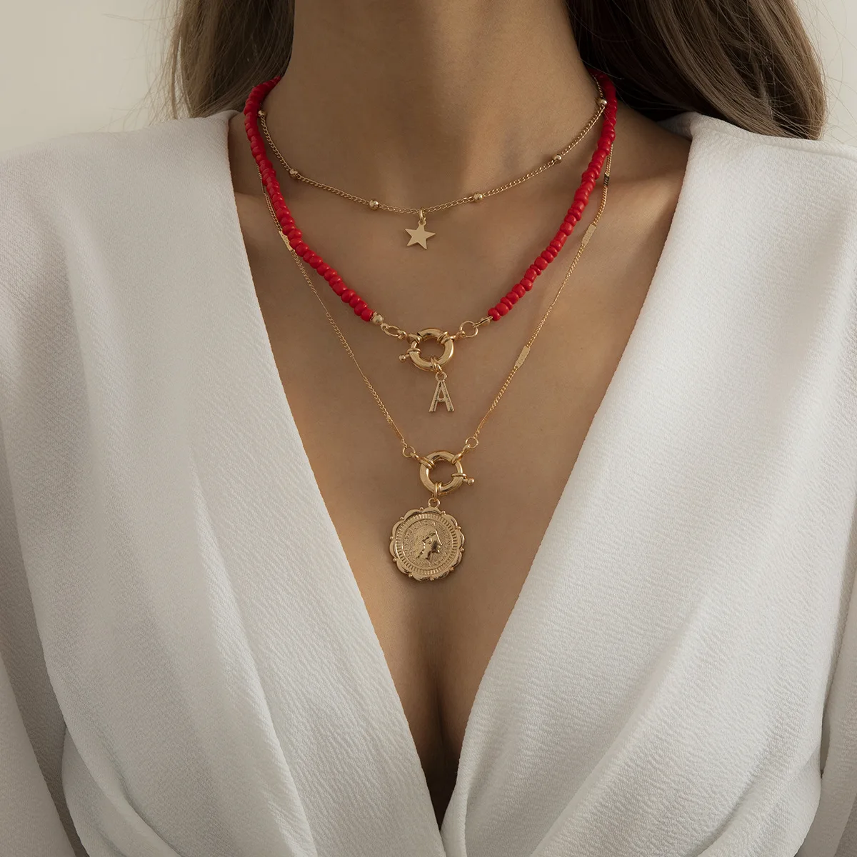 

Pastoral retro star portrait suit necklace personality mix and match rice bead letter necklace