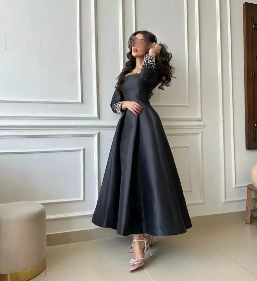 

Saudi Arabia Women's Prom Dresses Formal Occasion Dresses Black Satin Crystals Long Sleeves Ankle Length Evening Party Gowns