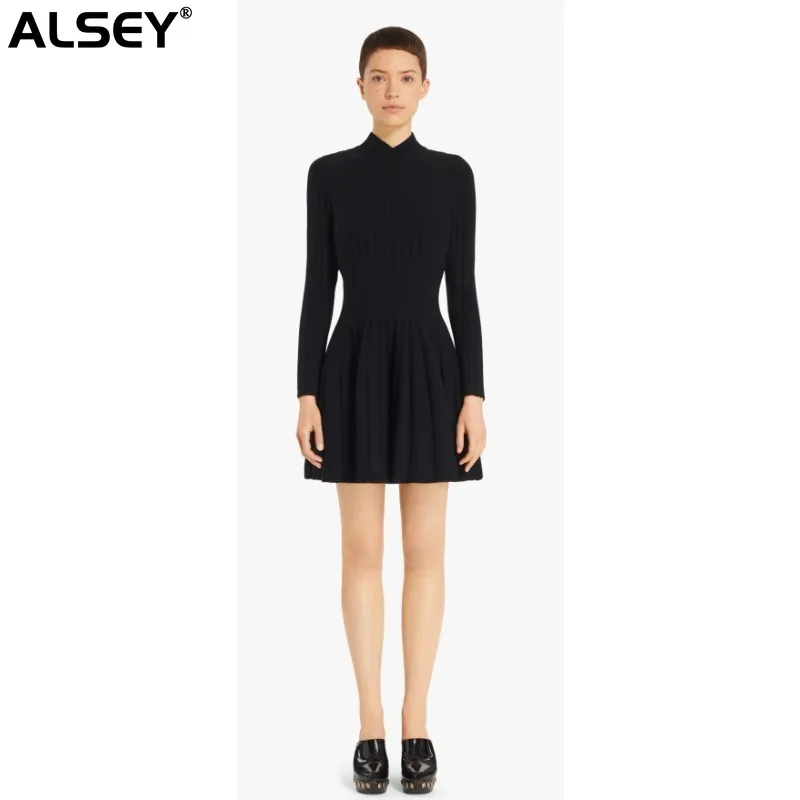 

ALSEY Female Slim Casual Corset Black Dress High Waist Standing Neck Fashion Casual Elegant Party Dresses for Women 2023 A05470