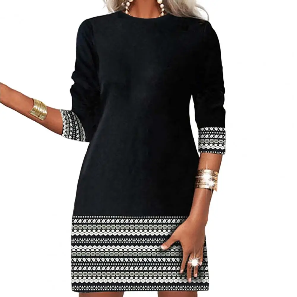 

Женское платье в полоску, с принтом в стиле пэчворк, теплый тонкий пуловер с круглым вырезом, Осеннее мини-платье, винтажная женская одежда