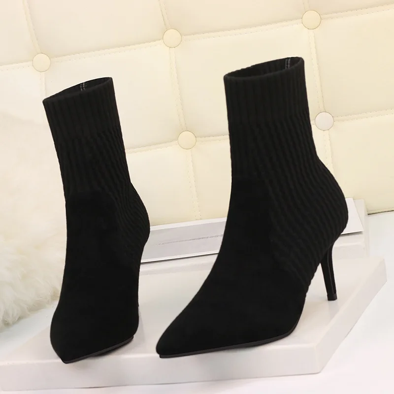 

Женские вязаные ботинки стрейч на высоком каблуке, осенне-зимние ботильоны в полоску, 202