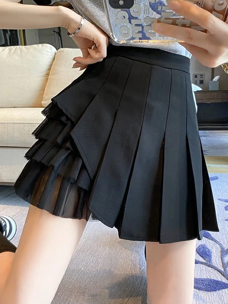 Фото Сексуальная сетчатая плиссированная юбка Zoki в стиле пэчворк, женская модная трапециевидная мини-юбка с высокой талией, Студенческая летняя юбка в стиле преппи для танцев №5