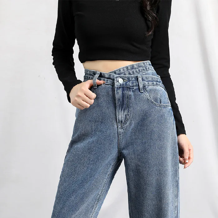 

2022 Korean Fashion Women Elastic High Waist Hippie Streetwear Cargo Jean Pants Blue Denim Wide Leg Trousers