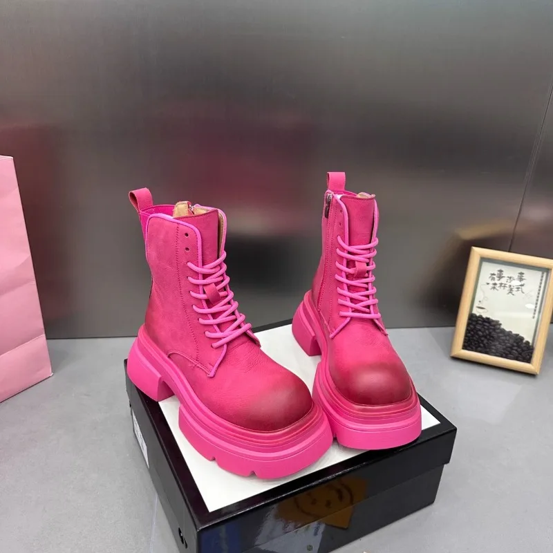 

2023 New Women Ankle Boots Autumn Winter High Top Zipper Outdoors Ladies Boots Platform Lace-up Thick Heel Boots for Woman