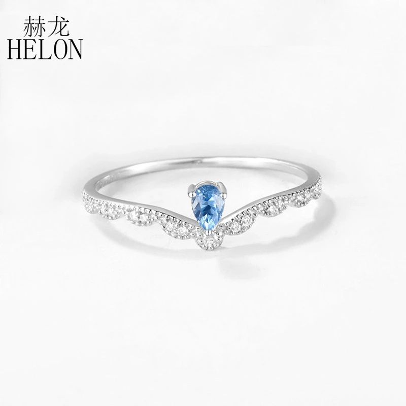 

HELON Art Deco Solid 14k White Gold 4x6mm Pear Cut Blue Topaz Natural Diamonds Ring Engagement Wedding Ring Party Fine Jewelry