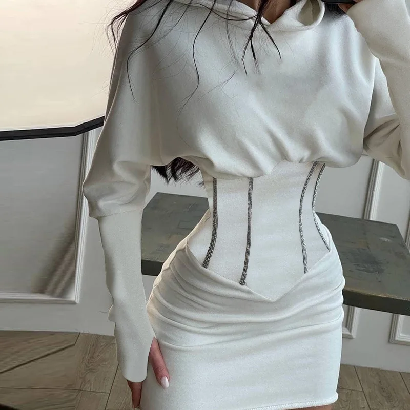 Купи Dresses For Women 2022 Lantern Sleeve Hoodie Dress Womens Sexy Corset Belt Wrap Girdle Bright Sweatshirt Evening Dresses за 1,163 рублей в магазине AliExpress