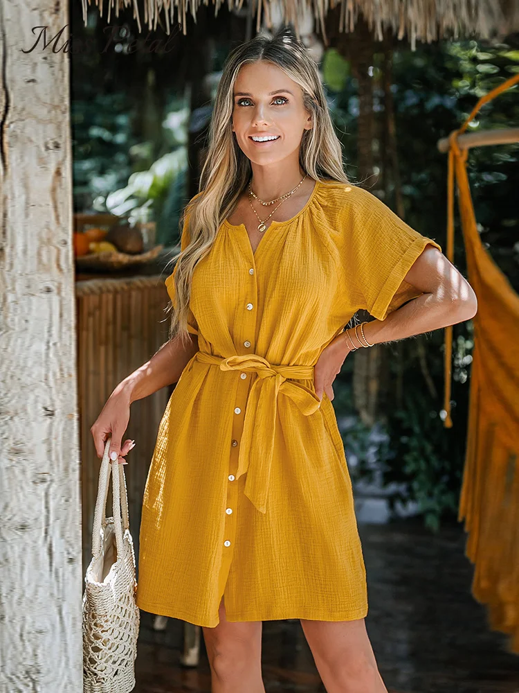 

Cotton Belted Seersucker Mini Dress For Women Sexy Button Front Short Sleeve Holiday A-line Dress 2023 Summer Female Sundress