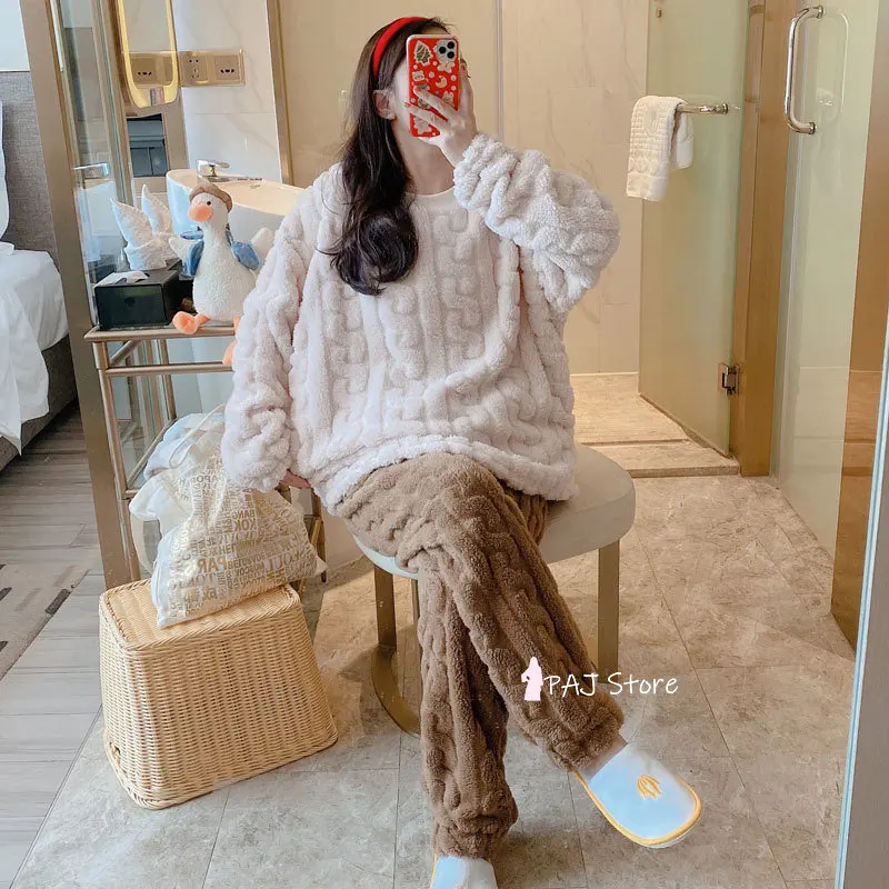 Women Contrast Color Winter Flannel Warm Pajamas Set Thickness Sleepwear Suit Soft Pajamas for Female Pant 2 Pieces Sweater