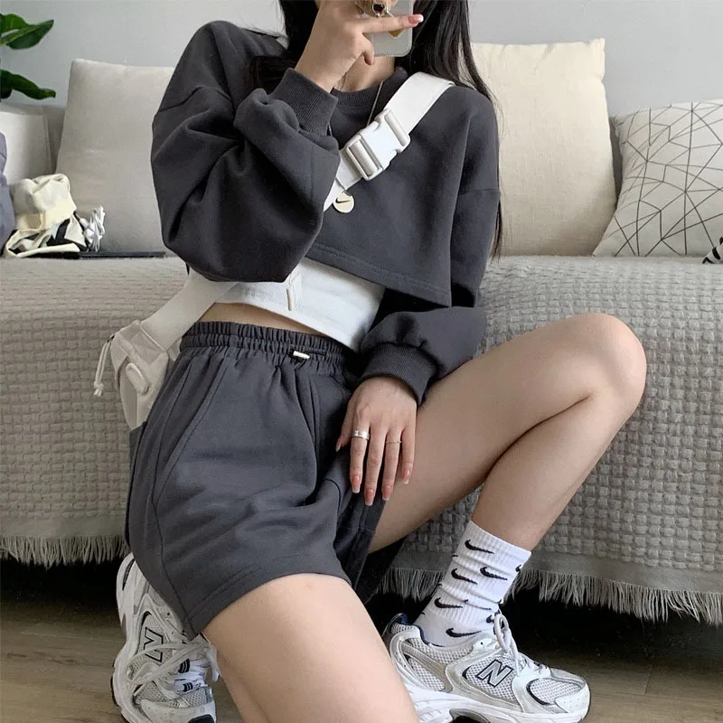 

Women 2021 Fall Two Piece Sets Long Sleeve Gray Short Pullover and Casual High Waist Straight Shorts Female Solid Two-piece Suit