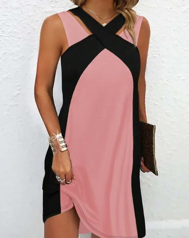 

Women's Dresses 2023 Summer Fashion Colorblock Sleeveless Asymmetrical Neck Casual Criss Cross Daily Mini Straight Dress