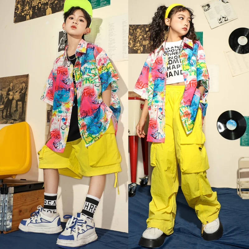 

Kids Oversize Vintage Print Shirt Street Wear Clothing Girls Boys Tops Cargo Hip Hop Pants For Child Jazz Dance Costume Clothes