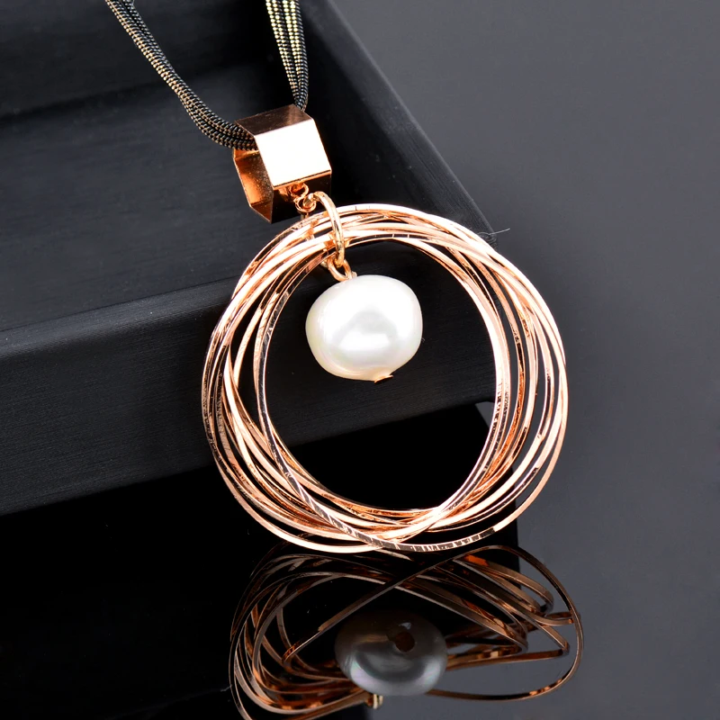 

SINLEERY Multilayer Circle Pendant Necklace With Baroque Pearl Dangle Black Long Chain Statement Jewelry For Women ZD1 SSF