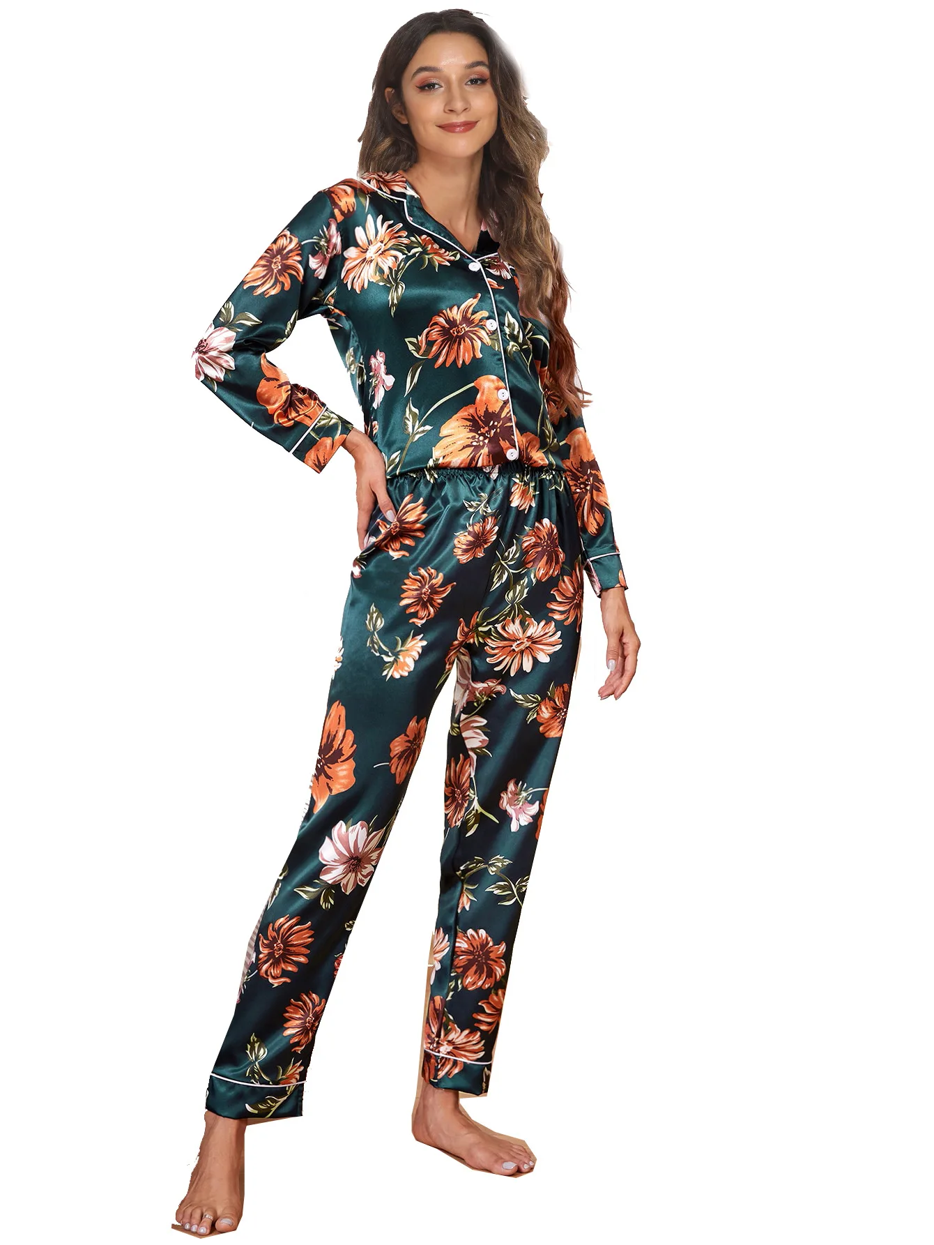 Pajamas Print Long Sleeves Shirt Pant Sleep Suit Lapel Home Clothing Women Sleepwear Ice Silk Homewear Cardigan 2pcs