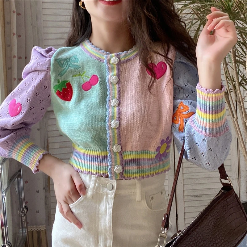 

Женский трикотажный кардиган с вышивкой фруктов, с длинным рукавом