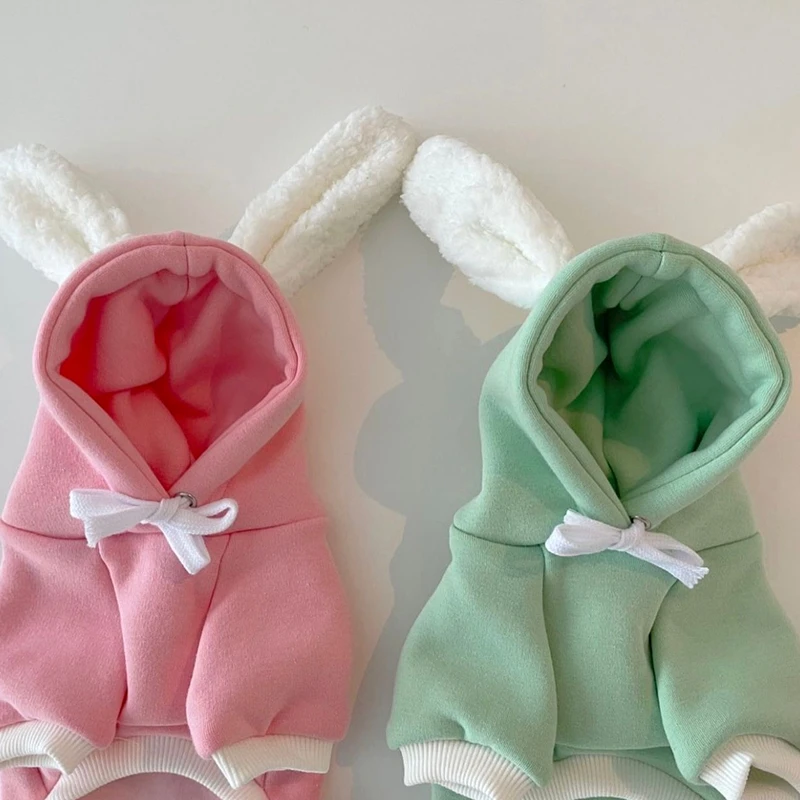 Осенняя кофта с капюшоном для собак с ушками Зайца Зимняя теплая куртка Розовая одежда для собак Костюм для тедди, бишон, аксессуары для домашних животных.