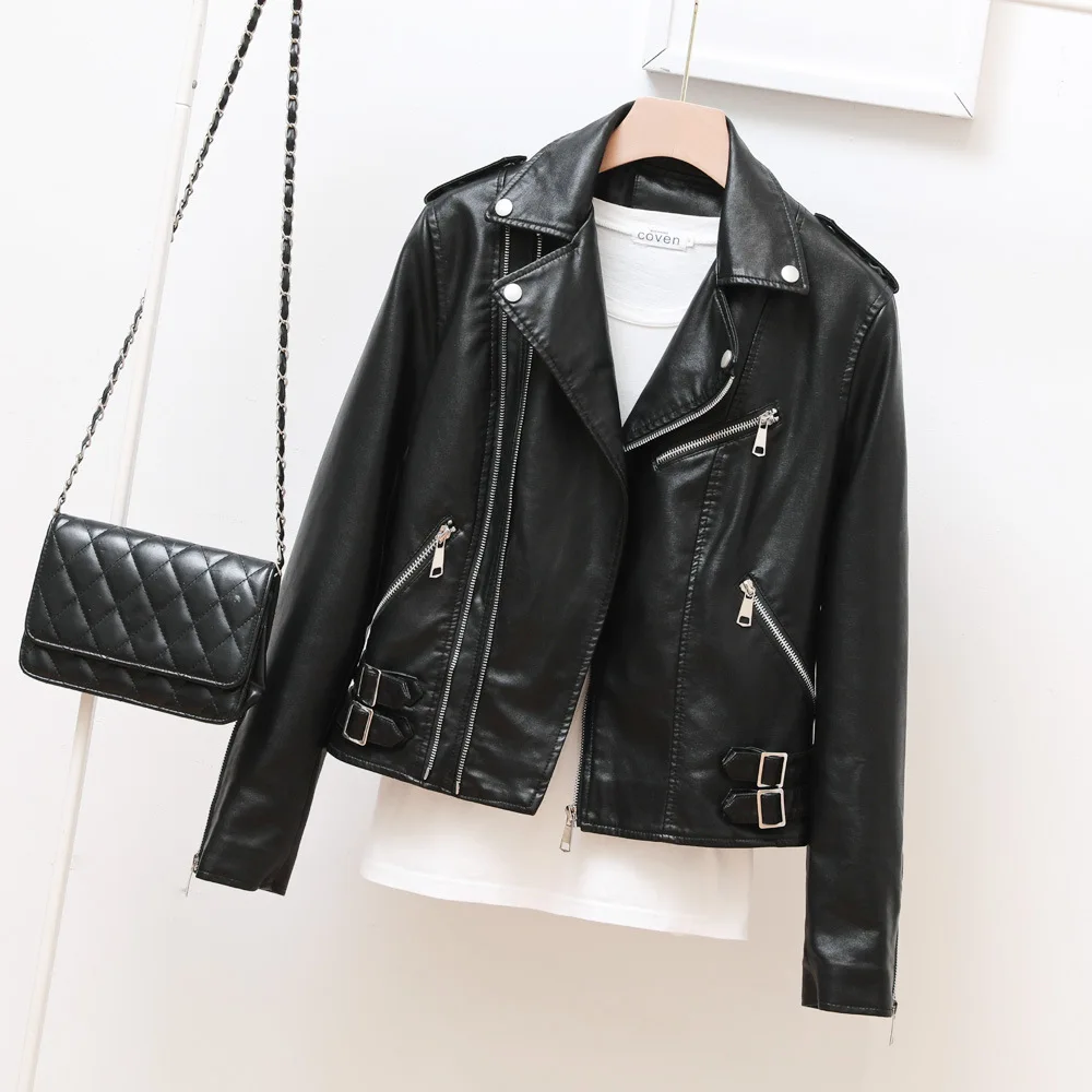2023 autumn new short leather lapel coat zipper leather jacket
