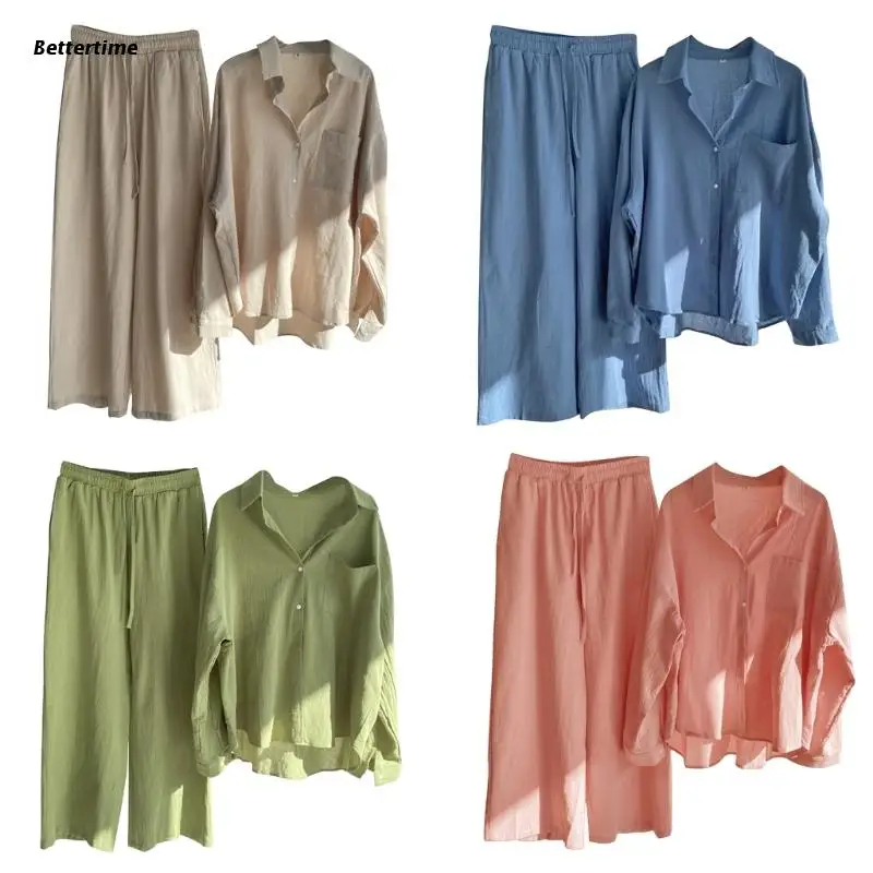

B36D Women Button Down Shirts Drawstring Elastic Waist Trousers Beach Sets Streetwear