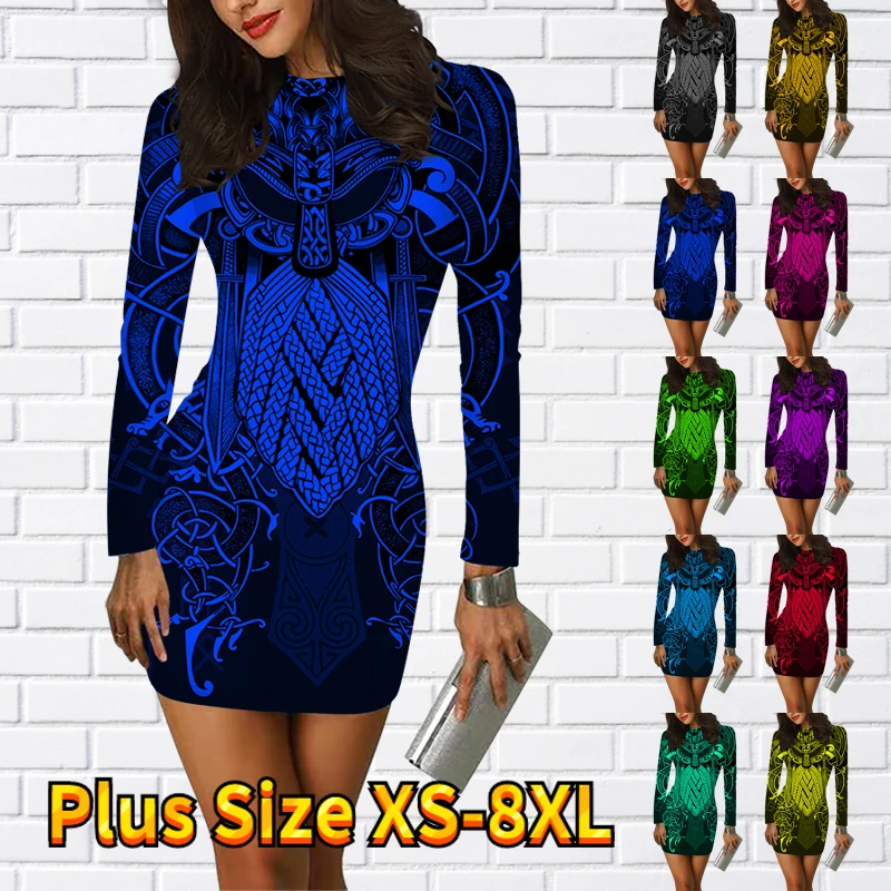 

2023 Women Retro Printing Dress Sexy Short Skirts Round Neck Elegance Tight Skirt Autumn Winter Simple Style Long Sleeve Skirt