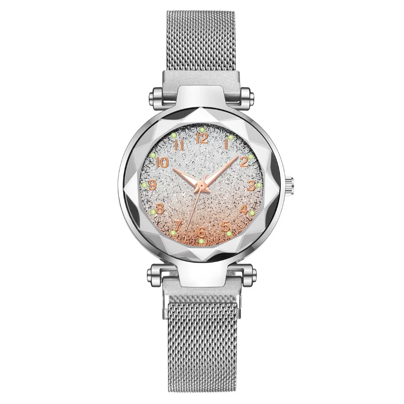

Women Round Quartz Frosted Gradient Color Dial Casual Wrist Watches Stainless Net Strap Fashionable Clock Waterproof Wristwatch