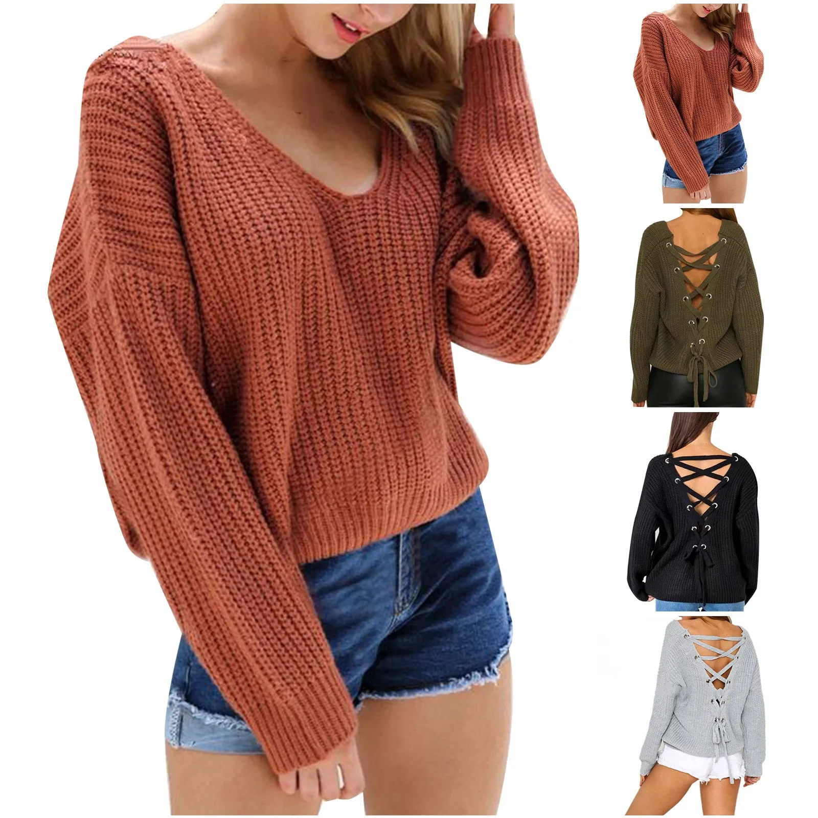 Осень-зима сексуальный однотонный свитер с v-образным вырезом и открытой спиной