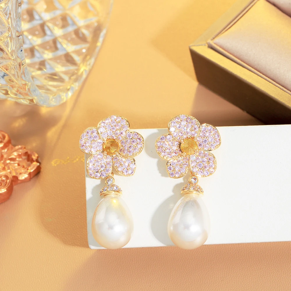 

BeaQueen Long Pearl Flower Drop Earrings Glittering Pink Yellow Cubic Zirconia Paved Jewelry for Women Dress Party Evening E569