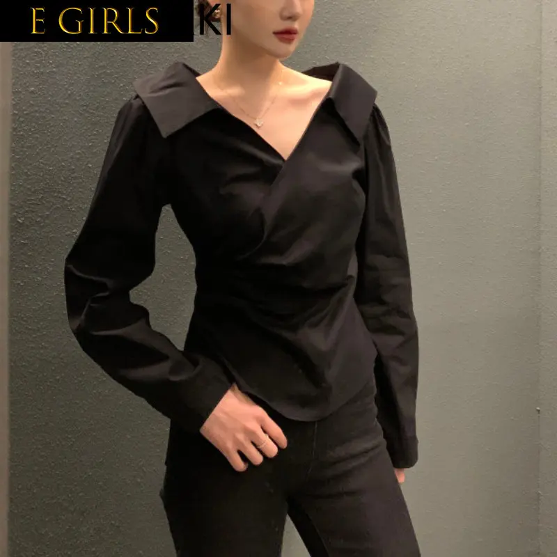 

E GIRLS Korean Chic Lapel Cross Pleated Design Blouse Women Loose Casual Long-sleeved Shirts Office Lady Spring Autumn 2023 Blus