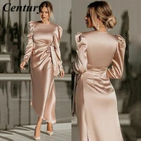chic mermaid satin short prom dresses o neck puffy sleeves formal woman party dresses champagne fitted evening gowns with bow