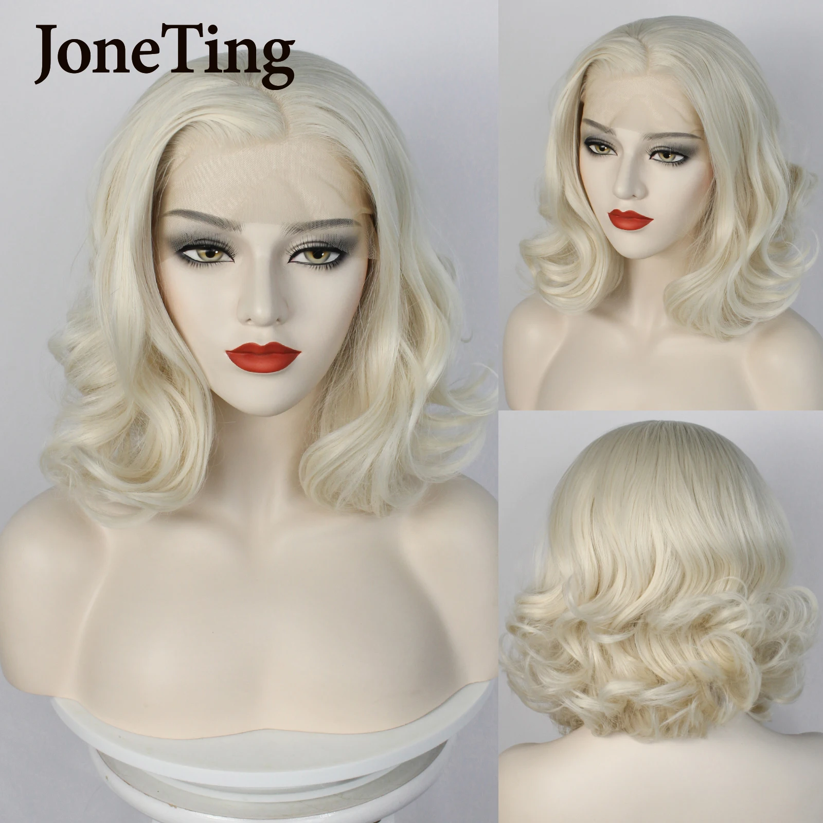 JT Synthetic Short White Lace Front Wig Platinum Blonde Wave Lace Wigs For Women Heat Resistant Fiber Marilyn Monroe Cosplay Wig